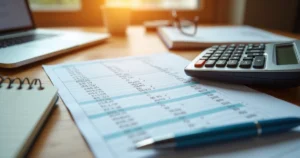 Mesa com calculadora, planilha de custos e caderno para cálculo de precificação de serviços