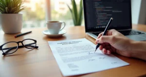 Mesa com contrato de prestação de serviços, laptop aberto, caneta e café em ambiente moderno de trabalho remoto