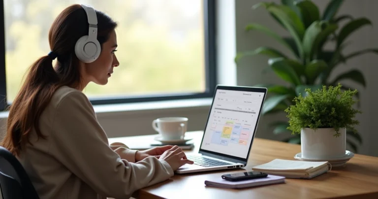 Assistente virtual trabalhando em home office com notebook, fones e planejamento na mesa