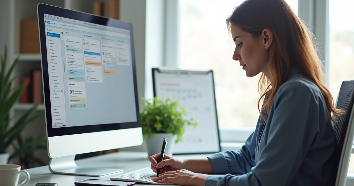 Assistente virtual em ambiente moderno usando computador com sistema CRM aberto na tela, organizando contatos e agendando follow-up