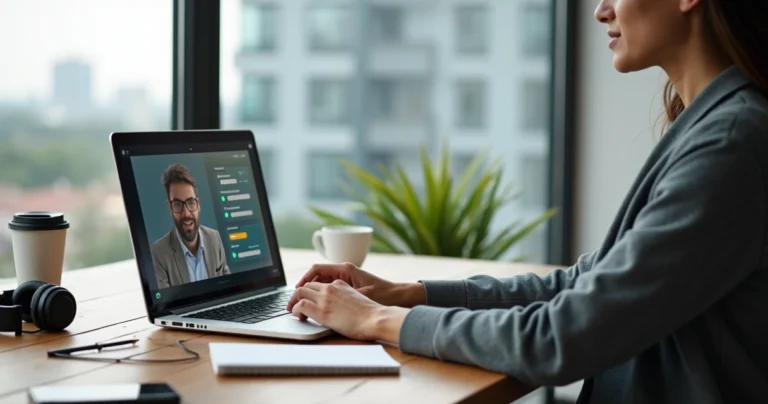 Assistente virtual freelancer trabalhando em home office em reunião com cliente pela tela do notebook