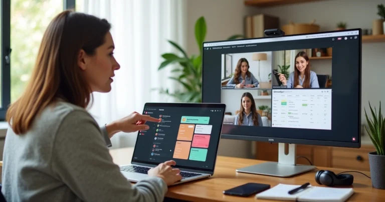 Gestora delegando tarefas remotas para assistente virtual em reunião online
