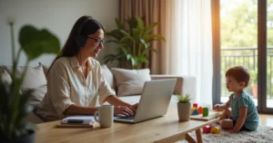 Mãe trabalhando como assistente virtual em home office enquanto filho brinca ao lado